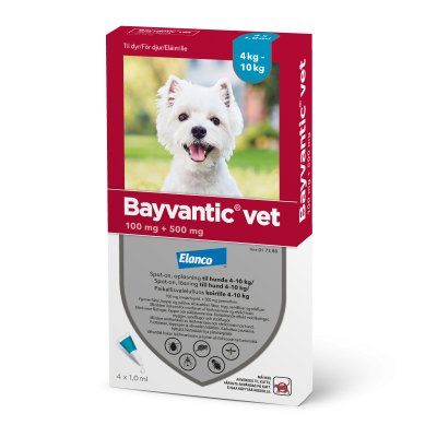 BAYVANTIC VET paikallisvaleluliuos 100/500 mg koirille 4–10 kg 4 x 1 ml