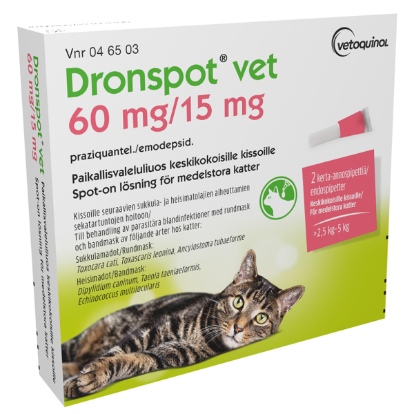 DRONSPOT VET paikallisvaleluliuos 60 mg / 15 mg 2 x 0.70 ml