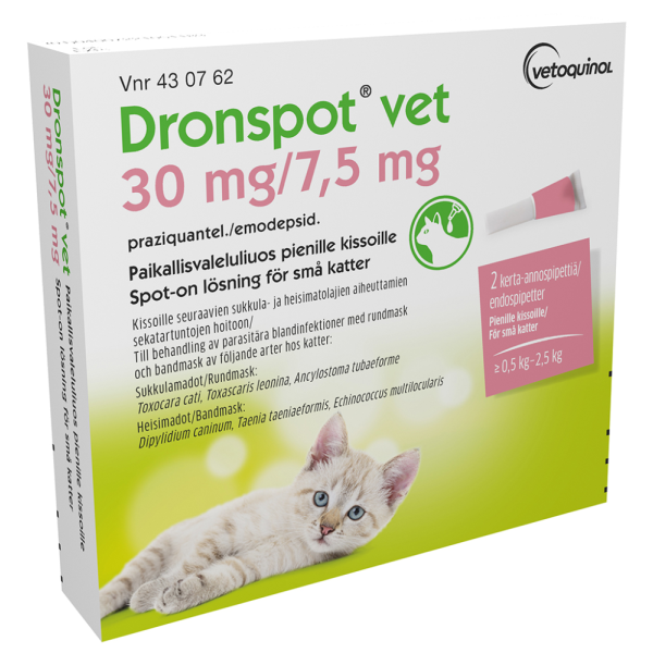 DRONSPOT VET paikallisvaleluliuos 30 mg / 7.5 mg 2 x 0.35 ml